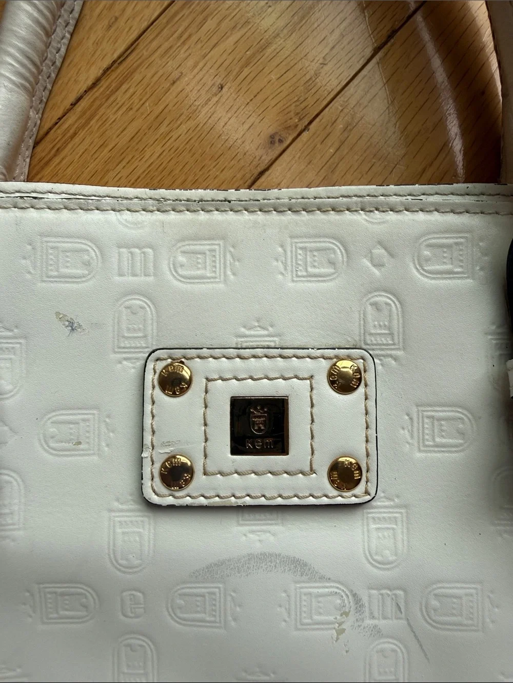 Kem White Embossed Tote Bag with Gold Hardware
